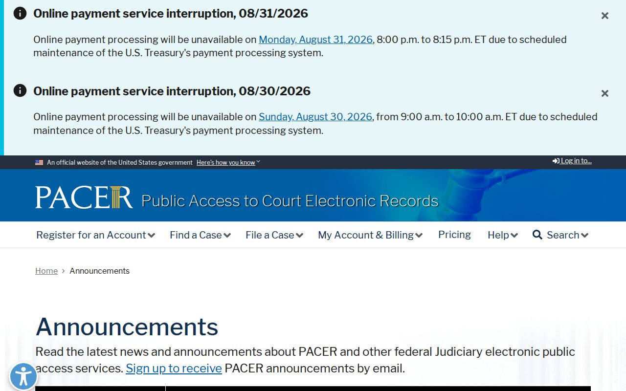 Caledonia court records and federal PACER access announcements