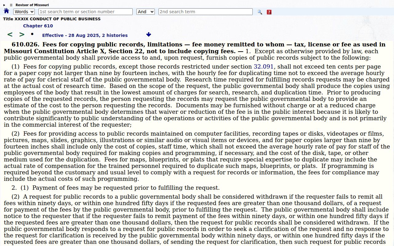 Caledonia court records and Missouri public record copy cost statute