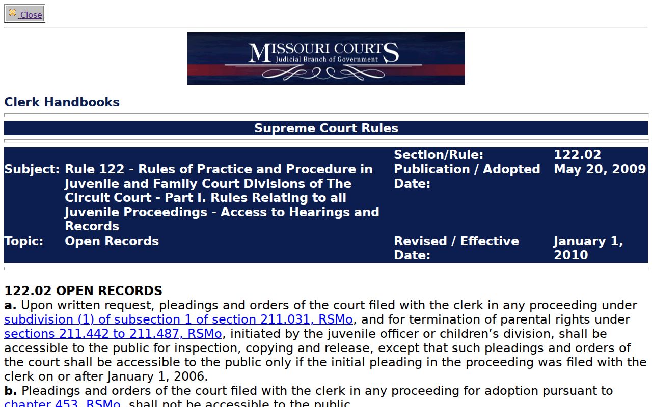 Missouri Rule 122 guidance for restricted Washington County court records