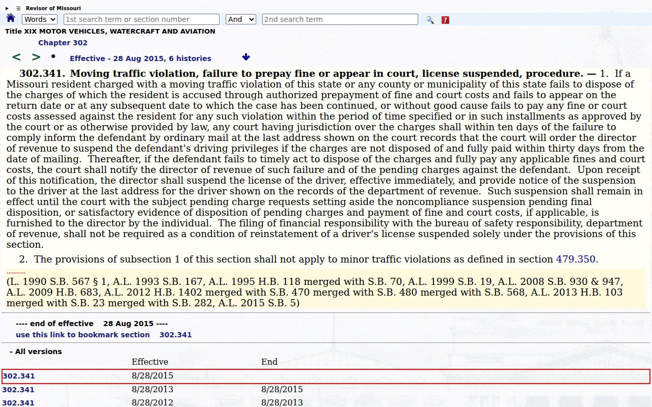 RSMo 302.341 notice source for Washington County traffic court records