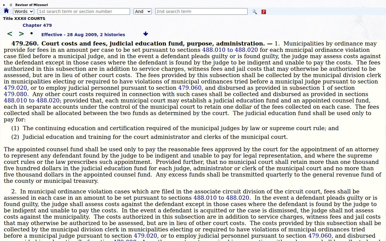 Missouri municipal court cost statute relevant to Washington County traffic court records