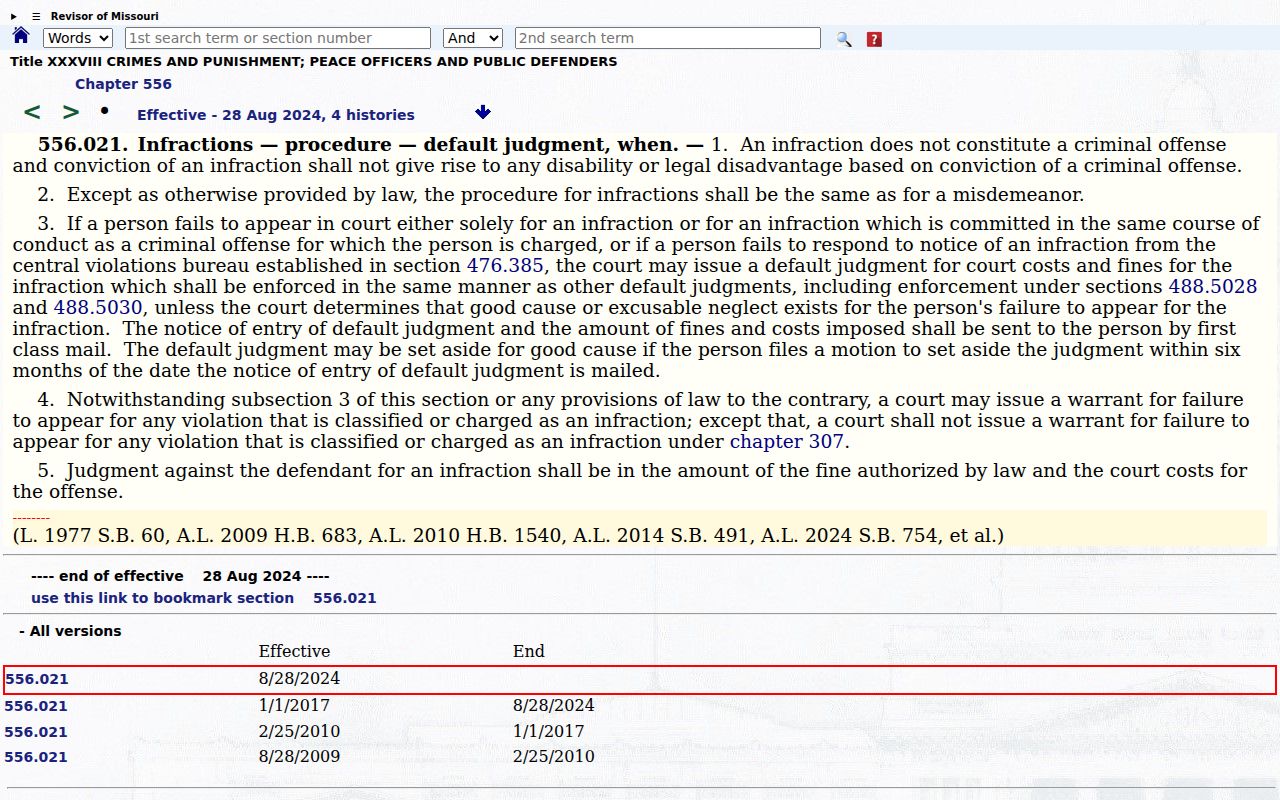 RSMo 556.021 infraction source for Washington County traffic court records